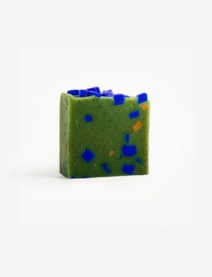 Handcrafted 'Matcha Mint' organic soap with real Matcha tea pieces, in refreshing shades of green with blue accents.