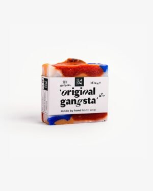 "Handmade 'ORIGINAL GANGSTA' soap with vibrant swirls of blue, orange, and red, featuring exfoliating paprika spots.
