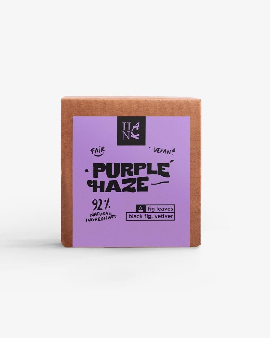 Elegant Purple Haze candle in a lavender-colored Jesmonite pot, offering a scent blend of fig leaf, black fig, and vetiver for a Mediterranean atmosphere