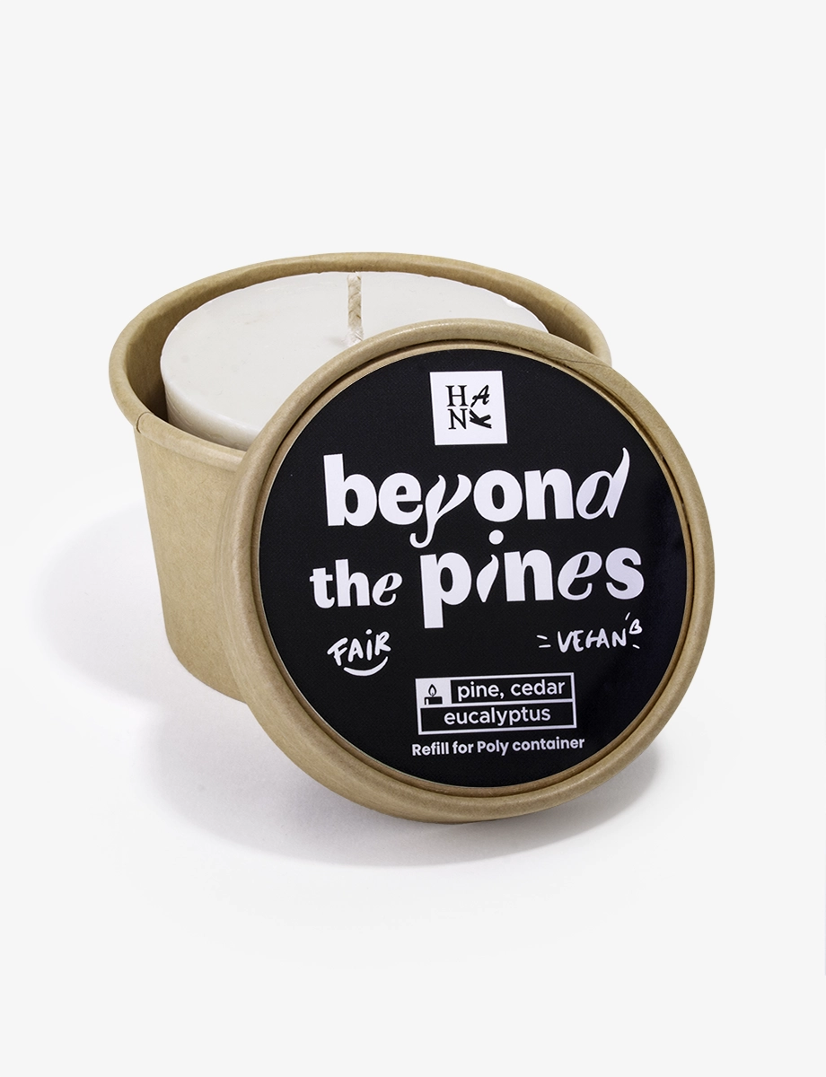 Beyond the Pines Poly candle refill 185g – open container showing woody pine wax by Hank Brussels