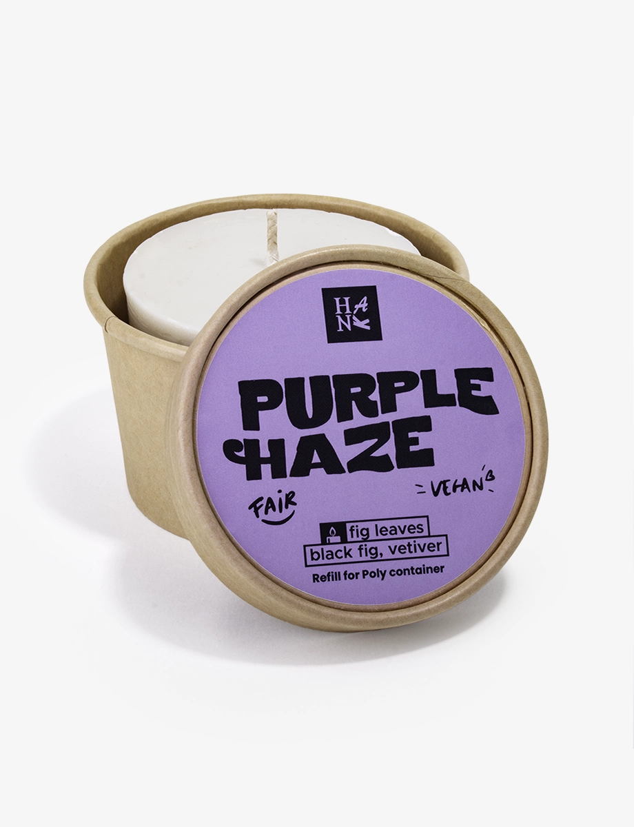 urple Haze Poly candle refill 185g – open container with purple wax by Hank Brussels
